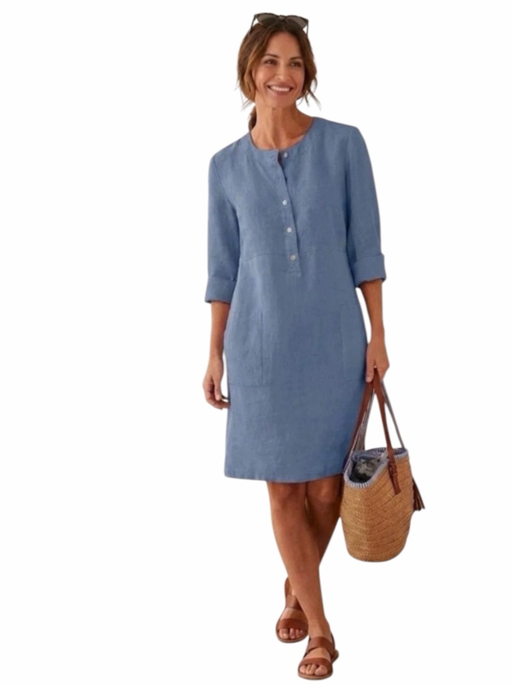Light Blue Linen-Blend Midi Dress with Button Placket